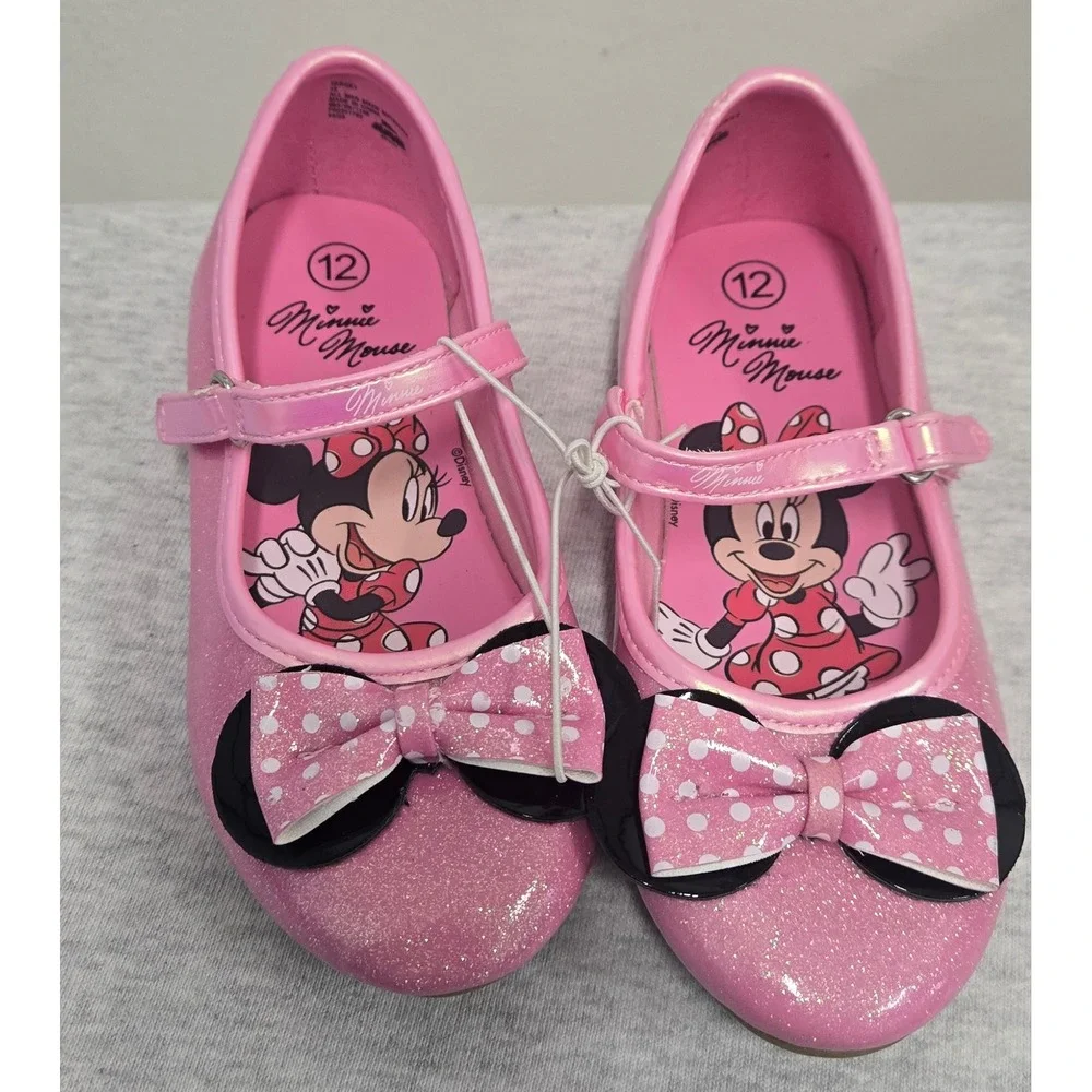 Disney Minnie Mouse Girls Pink Glitter Mary Jane Flats Bow Dress Shoes Size 12
